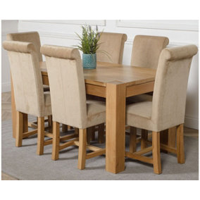 Kuba 150 x 85 cm Chunky Medium Oak Dining Table and 6 Chairs Dining Set with Washington Beige Fabric Chairs