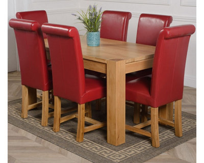 Kuba 150 x 85 cm Chunky Medium Oak Dining Table and 6 Chairs Dining Set with Washington Burgundy Leather Chairs