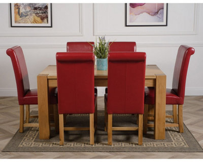 Kuba 150 x 85 cm Chunky Medium Oak Dining Table and 6 Chairs Dining Set with Washington Burgundy Leather Chairs