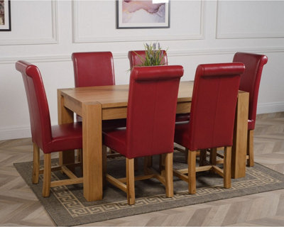 Kuba 150 x 85 cm Chunky Medium Oak Dining Table and 6 Chairs Dining Set with Washington Burgundy Leather Chairs