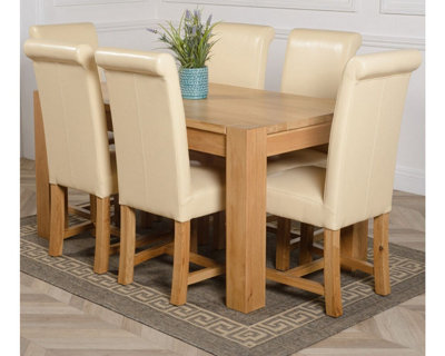 Kuba 150 x 85 cm Chunky Medium Oak Dining Table and 6 Chairs Dining Set with Washington Ivory Leather Chairs