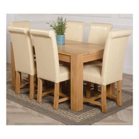 Kuba 150 x 85 cm Chunky Medium Oak Dining Table and 6 Chairs Dining Set with Washington Ivory Leather Chairs