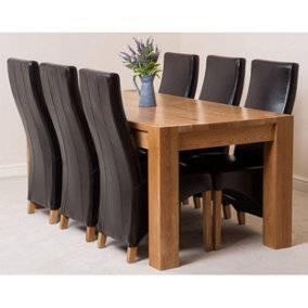 Kuba 180 x 90 cm Chunky Oak Dining Table and 6 Chairs Dining Set with Lola Brown Leather Chairs