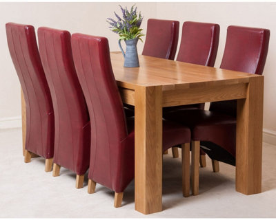 Kuba 180 x 90 cm Chunky Oak Dining Table and 6 Chairs Dining Set with Lola Burgundy Leather Chairs