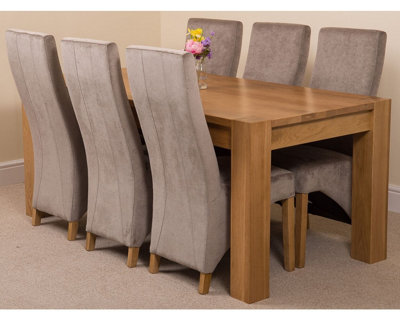 Kuba 180 x 90 cm Chunky Oak Dining Table and 6 Chairs Dining Set with Lola Grey Fabric Chairs