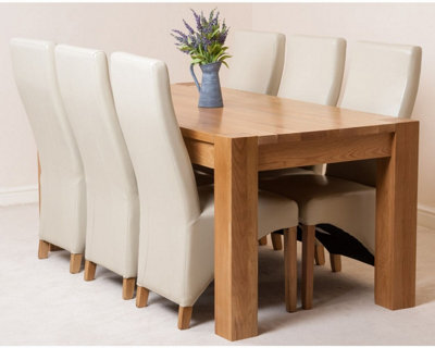 Kuba 180 x 90 cm Chunky Oak Dining Table and 6 Chairs Dining Set with Lola Ivory Leather Chairs