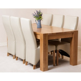 Kuba 180 x 90 cm Chunky Oak Dining Table and 6 Chairs Dining Set with Lola Ivory Leather Chairs
