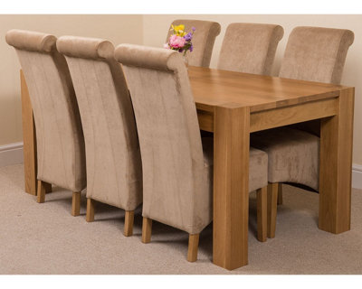 Kuba 180 x 90 cm Chunky Oak Dining Table and 6 Chairs Dining Set with Montana Beige Fabric Chairs
