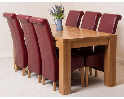Kuba 180 x 90 cm Chunky Oak Dining Table and 6 Chairs Dining Set with Montana Burgundy Leather Chairs