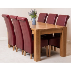 Kuba 180 x 90 cm Chunky Oak Dining Table and 6 Chairs Dining Set with Montana Burgundy Leather Chairs
