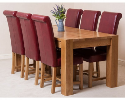 Kuba 180 x 90 cm Chunky Oak Dining Table and 6 Chairs Dining Set with Washington Burgundy Leather Chairs