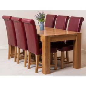 Kuba 180 x 90 cm Chunky Oak Dining Table and 6 Chairs Dining Set with Washington Burgundy Leather Chairs