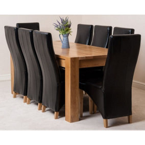 Kuba 180 x 90 cm Chunky Oak Dining Table and 8 Chairs Dining Set with Lola Black Leather Chairs