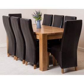 Kuba 180 x 90 cm Chunky Oak Dining Table and 8 Chairs Dining Set with Lola Brown Leather Chairs