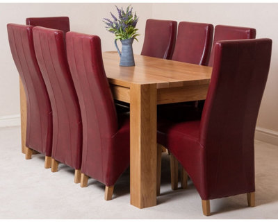 Kuba 180 x 90 cm Chunky Oak Dining Table and 8 Chairs Dining Set with Lola Burgundy Leather Chairs
