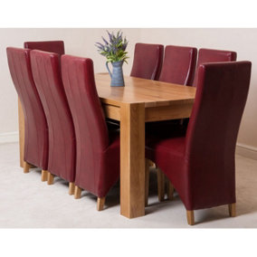 Kuba 180 x 90 cm Chunky Oak Dining Table and 8 Chairs Dining Set with Lola Burgundy Leather Chairs