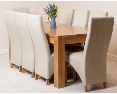 Kuba 180 x 90 cm Chunky Oak Dining Table and 8 Chairs Dining Set with Lola Ivory Leather Chairs