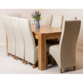 Kuba 180 x 90 cm Chunky Oak Dining Table and 8 Chairs Dining Set with Lola Ivory Leather Chairs