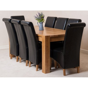 Kuba 180 x 90 cm Chunky Oak Dining Table and 8 Chairs Dining Set with Montana Black Leather Chairs