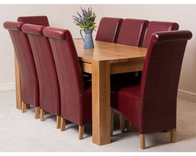 Kuba 180 x 90 cm Chunky Oak Dining Table and 8 Chairs Dining Set with Montana Burgundy Leather Chairs