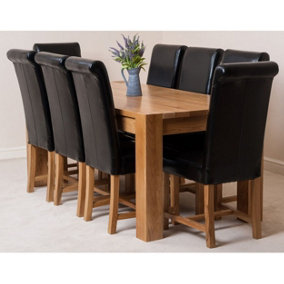 Kuba 180 x 90 cm Chunky Oak Dining Table and 8 Chairs Dining Set with Washington Black Leather Chairs