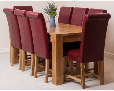 Kuba 180 x 90 cm Chunky Oak Dining Table and 8 Chairs Dining Set with Washington Burgundy Leather Chairs