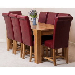 Kuba 180 x 90 cm Chunky Oak Dining Table and 8 Chairs Dining Set with Washington Burgundy Leather Chairs