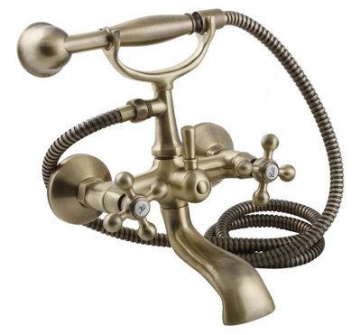 Kuchinox Elegant Antique Brass Bathroom Bath Tap with Ancient Retro Heads + Shower Handle