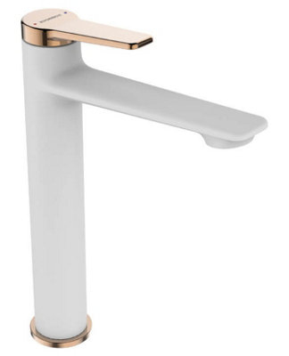 Kuchinox Tall White/Rose Gold Finishing Bathroom Basin Sink Tap Single Lever Faucet Mixer
