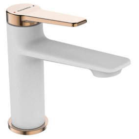 Kuchinox White/Rose Gold Finishing Bathroom Basin Sink Tap Single Lever Faucet Mixer