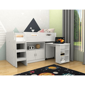 Kudl - Storage Mid Sleeper 01 Children's Bed with Desk and Cupboard - MFC/Wood - L98.6 x W195 x H120 cm - White