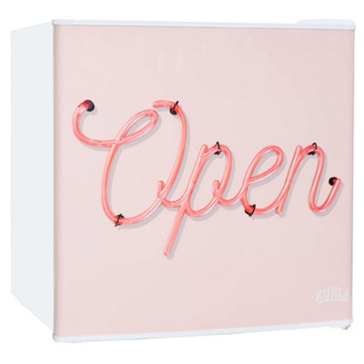 Kuhla Table Top Mini Fridge Open Pink Sign Design 45 Litre in White with Ice Box & Removable Shelf KTTF0E6W-1025