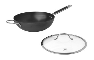 Kuhn Rikon Essential Iron Induction Wok with Long & Helper Handle & Glass Lid, 32cm
