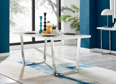 Kylo Rectangular 6 Seat White High Gloss and Silver Chrome Dining Table with Metal U Shape