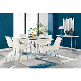 Kylo White High Gloss Dining Table & 6 Cream Pesaro Silver Leg Chairs