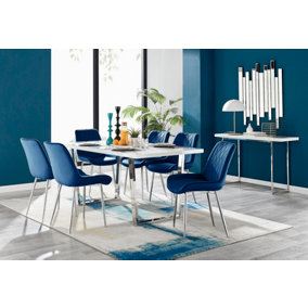 Kylo White High Gloss Dining Table & 6 Navy Pesaro Silver Leg Chairs