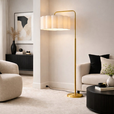Kyra Brushed Gold Angled Floor Lamp with Cream Scalloped Lampshade