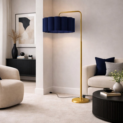 Kyra Brushed Gold Angled Floor Lamp with Navy Scalloped Lampshade