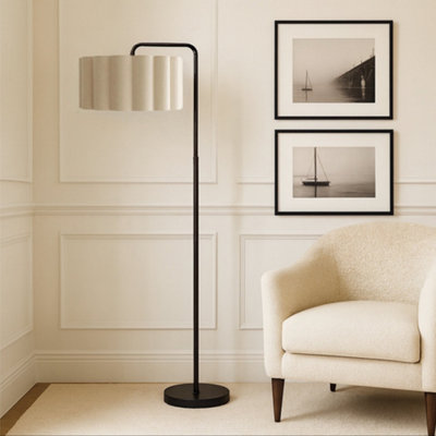 Kyra Matt Black Angled Floor Lamp with Oatmeal Scalloped Lampshade