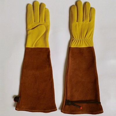 L -Brown Heavy-Duty Goatskin Long Sleeve Gardening Gloves