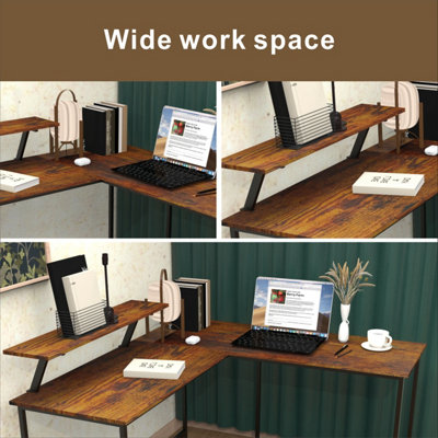 L Computer Desk with Self Corner Desk Work Table Home Office Table Industrial Rustic Brown