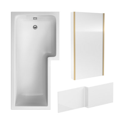 L Shape Bathtub, Front Panel and Fixed Screen - Brushed Brass