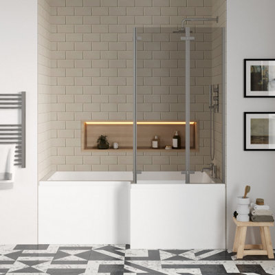 L Shape Bathtub, Front Panel and Screen with Double Hinge - Chrome
