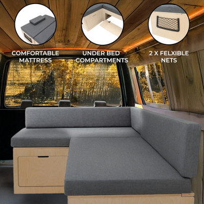 L-Shape Camper Van Bed & Cushions Bench Storage Sliding Sofa
