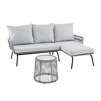 L Shape Garden Set in Grey with Wicker Rope Style with Coffee Table Grey Cushions
