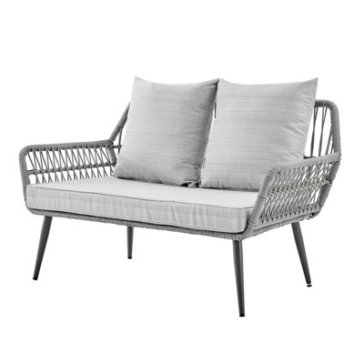 L Shape Garden Set in Grey with Wicker Rope Style with Coffee Table Grey Cushions