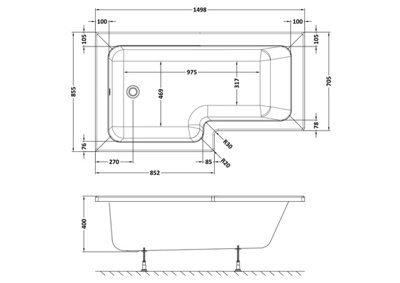 L Shape Left Hand Shower Bath Tub with Leg Set (Waste & Panels Not Included) - 1500mm - Balterley