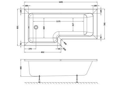 L Shape Left Hand Shower Bath Tub with Leg Set (Waste & Panels Not Included) - 1700mm - Balterley