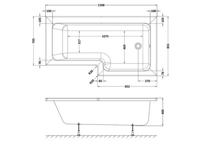 L Shape Right Hand Shower Bath Tub with Leg Set (Waste & Panels Not Included) - 1600mm - Balterley