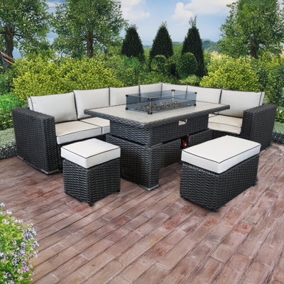 L Shaped Seater Black Rattan Patio Set With Fire Pit Table